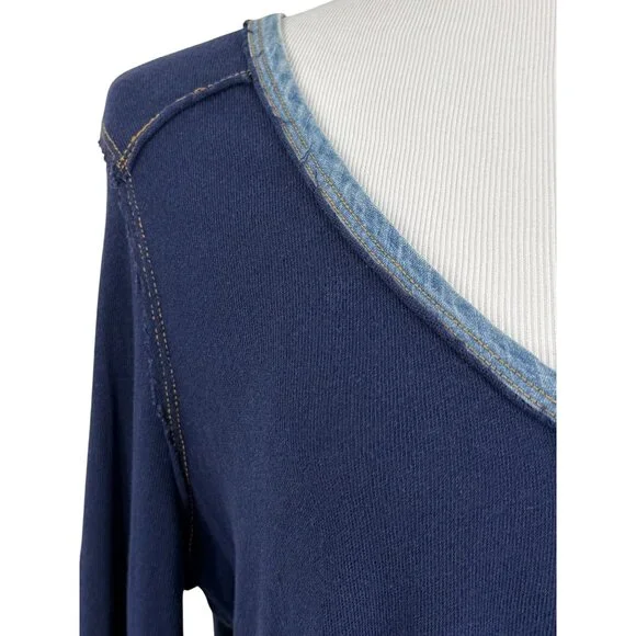 Free People Blue Slouchy Exposed Stitch Embellished Henley Top | Boho Grunge S - Picture 4 of 16